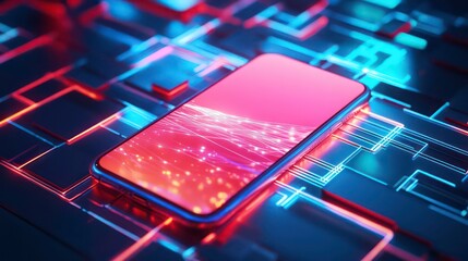 Poster - Futuristic smartphone displaying vibrant city lights on a neon circuit board.