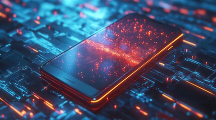 Fototapete - Futuristic smartphone displaying glowing data stream on a circuit board.