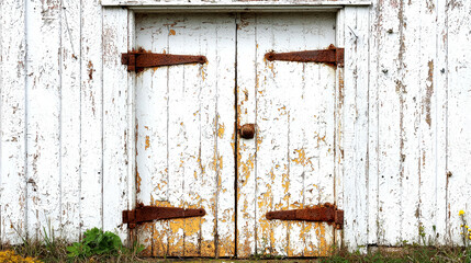 Canvas Print - Rustic Charm: Weathered White Wooden Door with Rusty Hinges