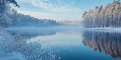 Poster - Serene winter lake landscape with gentle mist reflecting on calm water surrounded by frost-covered trees under a pale blue sky