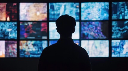 Poster - Silhouetted person viewing a wall of vibrant data screens displaying complex information.