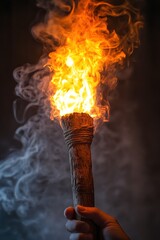 Wall Mural - Flaming torch held, smoke, dark background.