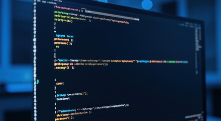 A close-up view of a computer monitor displaying colorful lines of code in a modern programming environment