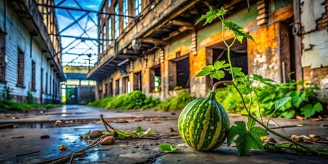 Wall Mural - Grunge decay in an abandoned cityscape, bitter gourd accents urban exploration photography.