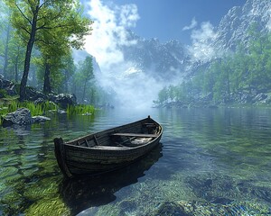 Canvas Print - Serene mountain lake with a small wooden boat.