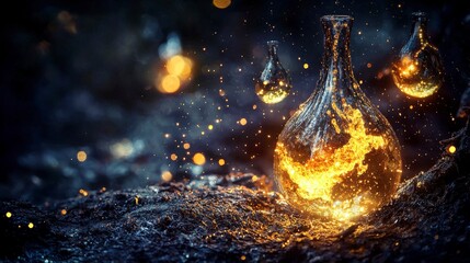 Aufkleber - Glowing amber droplets dance in the air enchanted forest digital art magical realm close-up fantasy theme