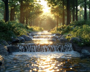 Canvas Print - Sunlit forest stream with cascading waterfall.