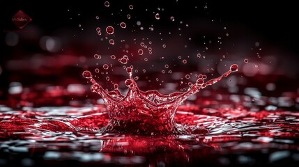 Fototapete - Bloodred droplets splashing into empty space abstract art dark background close-up view conceptual imagery