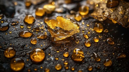 Aufkleber - Golden droplets dancing on dark canvas nature art macro photography tranquil setting close-up view liquid beauty