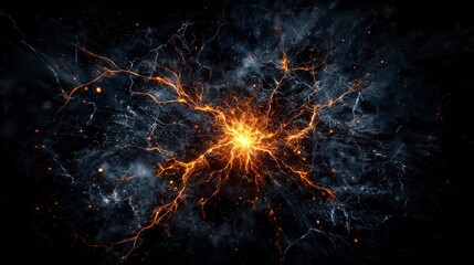 Poster - Dramatic perspective explosive orange sparks in the dark space of imagination and abstract visual art