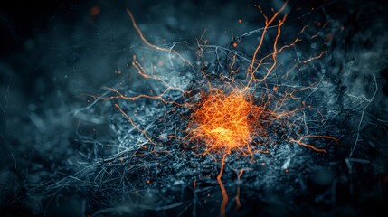 Aufkleber - Orange sparks illuminate dark broken space of imagination abstract art digital art creative environment dynamic viewpoint