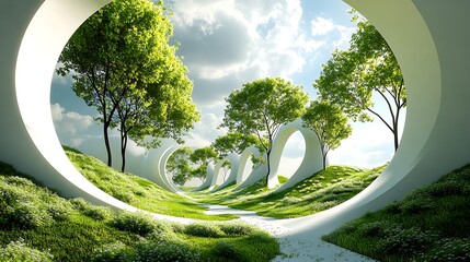 Wall Mural - 3D wallpaper with green circles and white trees