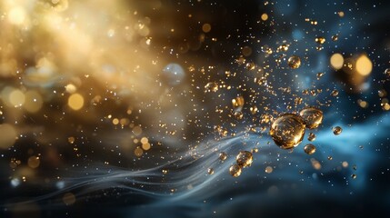Poster - Golden droplets spreading in the air abstract scene liquid particles ethereal environment close-up view artistic concept