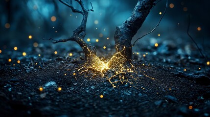 Wall Mural - mystical golden points emerge from earth cracks enchanted forest nature photography dark atmosphere 