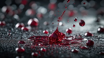 Aufkleber - Crimson liquid drops seeping through cracks dark surface macro photography dramatic atmosphere close-up view tension