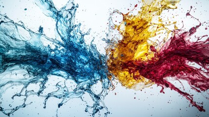 Aufkleber - Vibrant water splashes in red blue and yellow contrast studio setting high-speed photography dynamic composition
