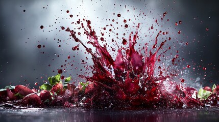 Poster - Close-up view of explosive bloodred liquid and strawberries dramatic high-speed photography in studio