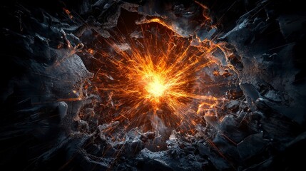 Aufkleber - Explosive orange light erupts through fragmented surface digital art dark environment dynamic viewpoint