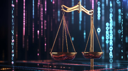 Digital Justice Scales of Justice against a background of flowing binary code, representing cybersecurity law or data privacy