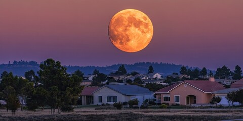 Wall Mural - Vibrant orange full moon rising above peaceful suburban houses with purple sky at sunset silhouette of trees in foreground serene atmosphere