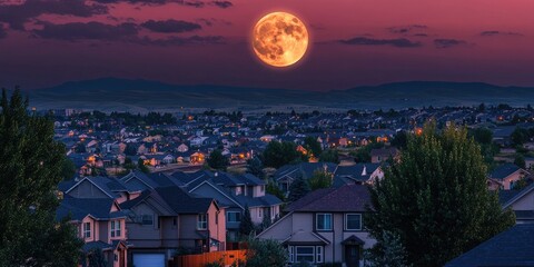 Wall Mural - Full moon rising in a colorful sunset sky above a peaceful suburban neighborhood with silhouetted trees and glowing windows in the foreground