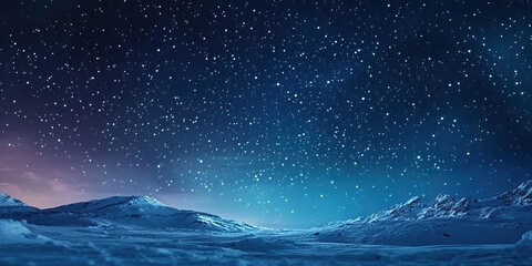 Wall Mural - Vast winter night sky with a gradient from deep blue to purple, dotted with bright stars over snow-covered mountains and a serene landscape.