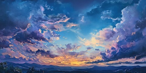 Wall Mural - Majestic twilight landscape with vibrant clouds in shades of blue and purple illuminated by golden sunset hues over distant mountains.