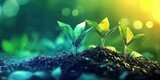Low polygon design of young plant sprouts in vibrant green and yellow against a soft focus background with dark soil representing agricultural technology