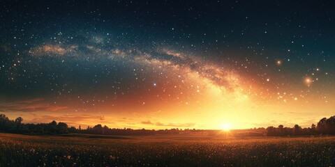 Wall Mural - Majestic sunset over a field, with a vivid Milky Way galaxy arching across the sky, featuring warm oranges and deep blues harmoniously blended.