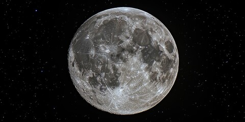 Wall Mural - A stunning full moon illuminated against a black starry sky showcasing intricate lunar features and depth in a captivating astronomical scene.