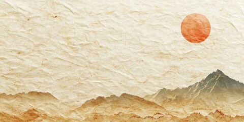 Wall Mural - Natural Japanese landscape on textured recycled paper featuring soft browns and a warm orange sun with mountains in the foreground and sky backdrop.