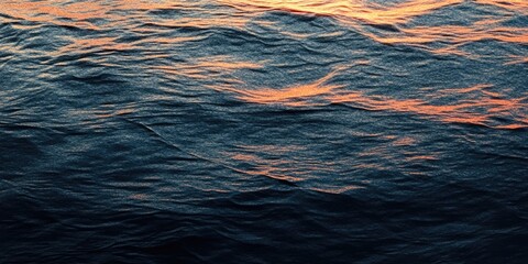 Wall Mural - Texture of dark blue water surface illuminated by soft orange sunset light creating gentle reflections with a calm and serene feel in nature.
