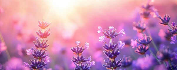 Pastel spring concept. A beautiful lavender field illuminated by soft sunlight with vibrant purple blossoms.