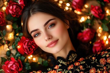 A serene portrait of a woman surrounded by roses and soft lights, showcasing beauty and elegance in a floral setting.