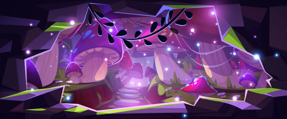 Wall Mural - magic mushroom forest at night - view from inside cave. glowing fungi scattered across mystical land