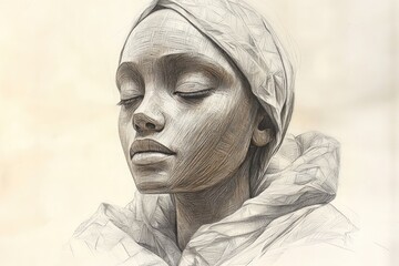 Canvas Print - Penciled portrait, serene woman, head scarf, hooded coat.