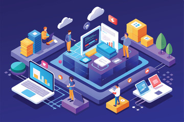 A vibrant illustration displays various professionals engaged with digital devices in a dynamic workspace, Isometric Web Design Template, Landing page for NFT Marketplace