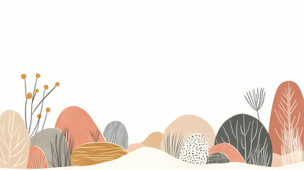 Abstract autumn landscape illustration with hills, plants, and a white background, perfect for website headers or social media