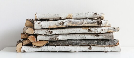 Wall Mural - Neatly stacked birch firewood with light gray bark and warm brown ends on a white surface, showcasing its natural texture and beauty for cozy fires.