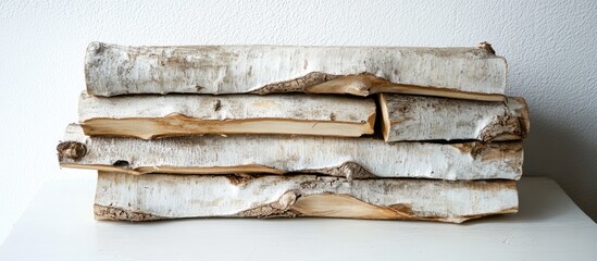 Wall Mural - Neatly arranged birch firewood stack on a white surface showcasing natural textures and colors highlighting the warm tones of cozy fires