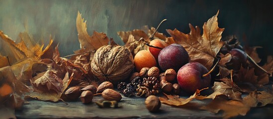 Canvas Print - Autumn still life with warm brown and orange leaves, hazelnuts, walnuts, and ripe fruits arranged artistically on a textured surface.