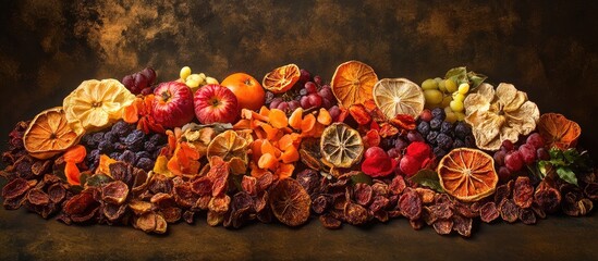 Sticker - Vibrant autumn display of dried fruits including oranges, apples, and grapes illuminated by warm golden October sunlight against a dark background