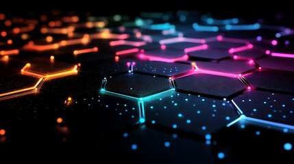Wall Mural - a dark background with an abstract grid of glowing hexagon