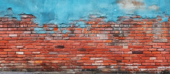 Sticker - Vintage weathered red brick wall with blue sky backdrop featuring patches of peeling paint and textured surfaces in a horizontal layout.