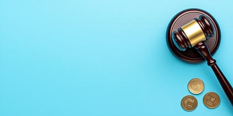 Wall Mural - A gavel rests on a blue background beside three coins, symbolizing law, justice, and finance.