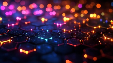 Wall Mural - a dark background with an abstract grid of glowing hexagon