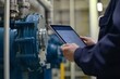 © Focus Gem - Close up hand industrial industrial plant with a tablet in hand,  Engineer looking of working at industrial machinery setup in factory., Generative AI