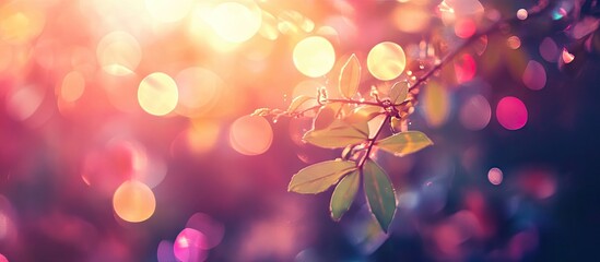 Poster - Abstract bokeh background with soft pastel colors including pink, purple, and yellow, featuring delicate green leaves in the foreground.