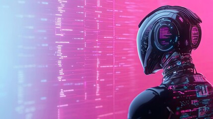 Learning analytics ai idea. A futuristic robot with intricate designs against a vibrant digital backdrop.