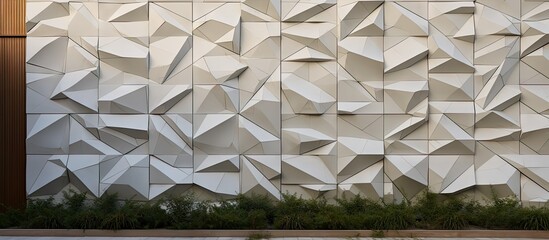 Poster - Modern textured wall with geometric white tiles and subtle shadows, featuring greenery at the base, ideal for architectural design concepts.